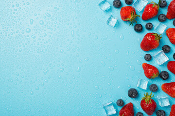 Naklejka na ściany i meble Overhead photo of pile of blueberries strawberries cubes of ice and drops of water isolated on the blue background with empty space