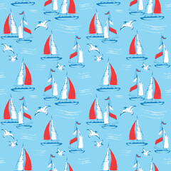 Seamless pattern with sail boats and seagulls. Sea background.