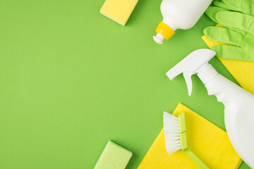 Top view photo of detergent spray and gel bottles sponges brush yellow rags green rubber gloves on...