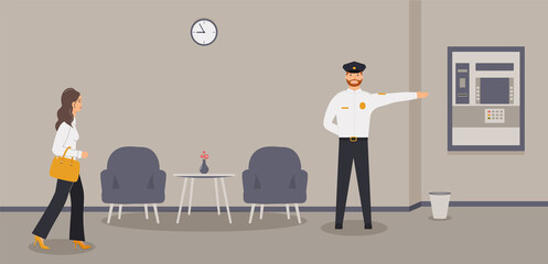 Bank office interior: businesswoman is going to ATM or cash machine.Elegant interior of hall in financial institution. Waiting area with security guard who is pointing the way. Raster illustration