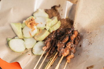 chicken satay skewer with rice cake. sate ayam lontong street food