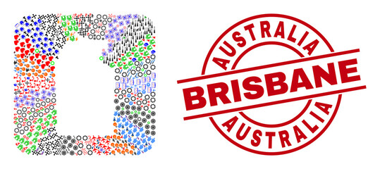 Vector collage Australian Northern Territory map of different icons and Australia Brisbane stamp. Collage Australian Northern Territory map constructed as carved shape from rounded square shape.