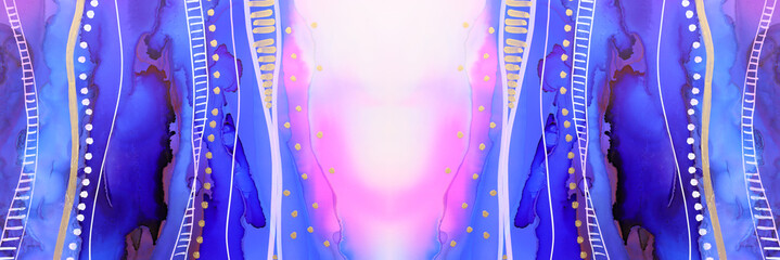 art photography of abstract fluid painting with alcohol ink, blue, purple and gold colors