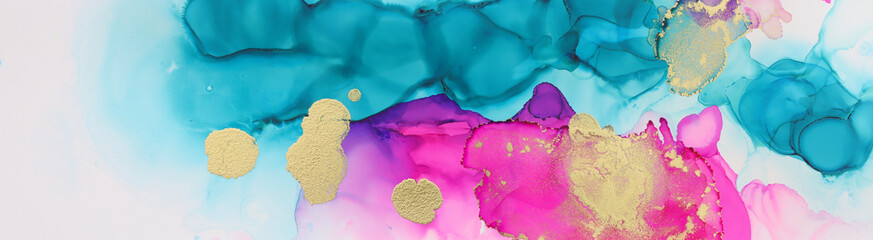art photography of abstract fluid painting with alcohol ink, blue, pink and gold colors