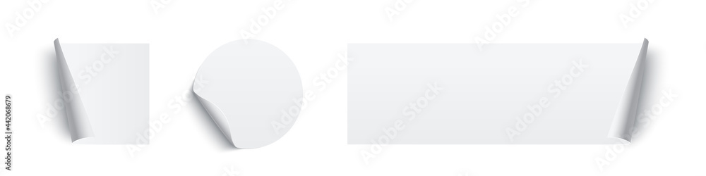 Fototapete white glued square, circle and rectangle stickers with curling edges. 3d blank paper labels vector i