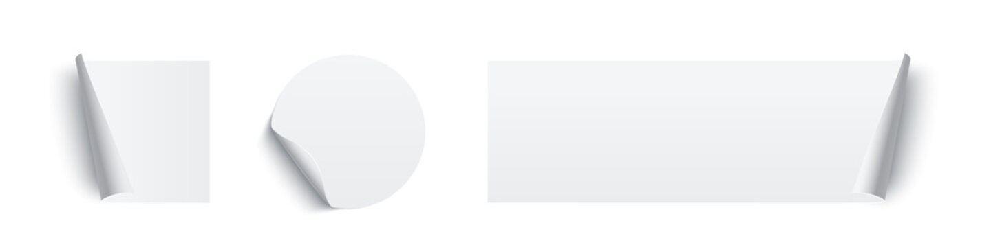 White glued square, circle and rectangle stickers with curling edges. 3d blank paper labels vector illustration. Badges with twisted edges on white background