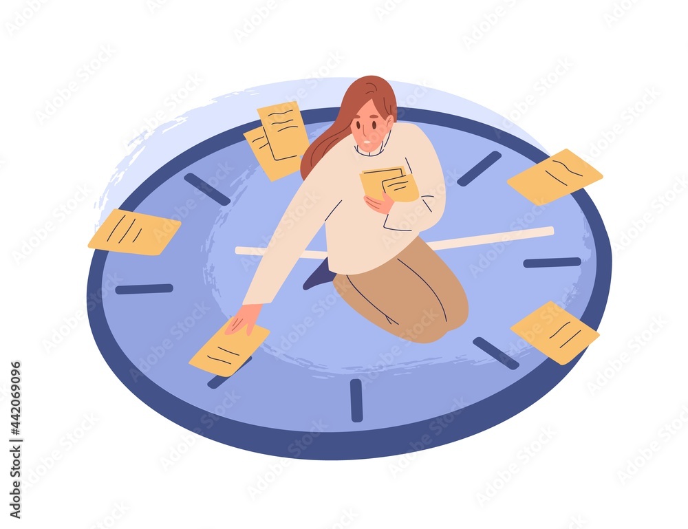 Poster Person sitting on clocks, organizing time, planning tasks and scheduling. Concept of effective self-organization and control. Colored flat vector illustration isolated on white background