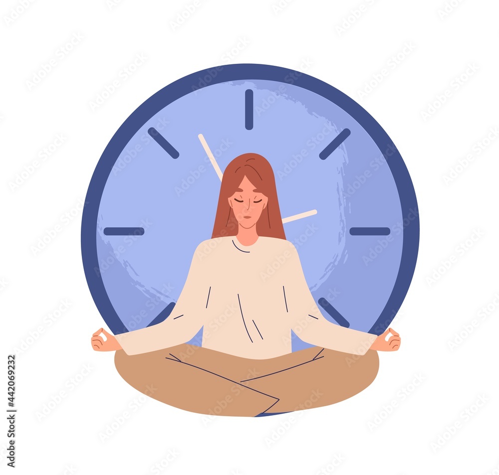 Poster calm person meditating near clocks and finding balance. concept of break and stopping time. patient 