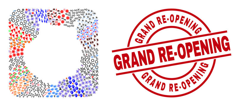 Vector collage Gran Canaria map of different symbols and Grand Re-Opening badge. Mosaic Gran Canaria map created as stencil from rounded square. Red round badge with Grand Re-Opening tag.