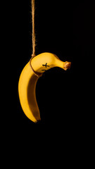 banana colgada en fondo negro