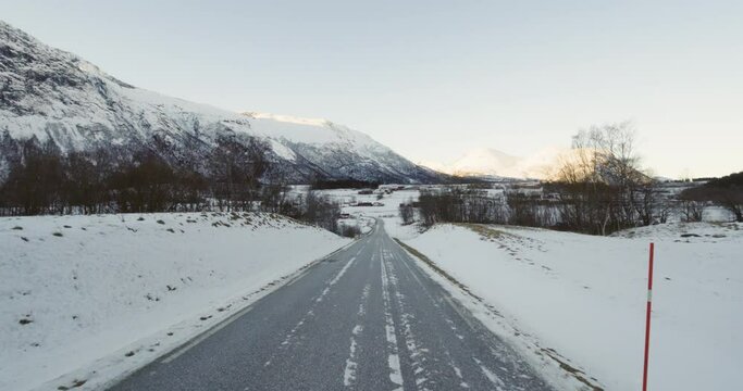 White Snowy Landscape In Eresfjord Norway In Winter - wide shot