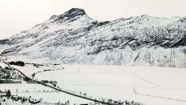 Winter Landscape Of Geiranger Mountains From Eidsvatnet Lake Viewpoint In Norway. aerial