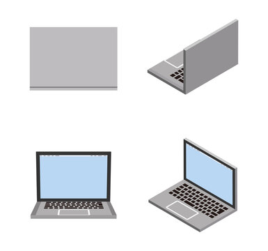 Four angles 3d laptop computers set - blank screen