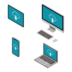 Isometric four types communication equipments set, cloud icon screen - cellphone, desktop pc, laptop, tablet