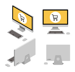 Four angles 3d desktop computers set - shopping cart icon screen