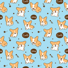 Fototapeta premium Seamless Pattern with Cute Cartoon Corgi Dog and Star Design on Blue Background
