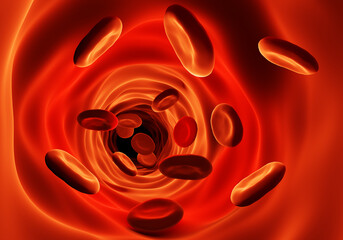 Blood circulation concept. Red blood cells. Enlarged blood cells in the veins. Blood flow through...