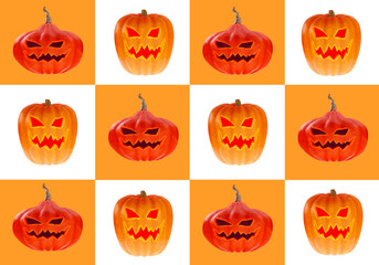 Halloween background. Poster with Halloween pumpkins. Geometric background with pumpkins. Jack lantern. Postcard on the eve of All Saints Day. Pumpkins with faces in orange and white squares. 3d image