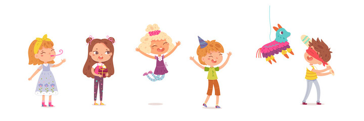 Happy birthday, kids celebrating at party set. Cute children with gifts vector illustration. Little boys and girls smiling and jumping on white background