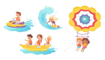 Children fun summer activities on vacations set. Boy driving boat on water, girl on board, parachuting, on banana vector illustration. Kids on holidays traveling to seaside on white background