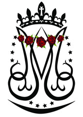 Ave Maria. Monogram of the Blessed Virgin Mary with crown, cross and stars. Religious signs. Vector design.