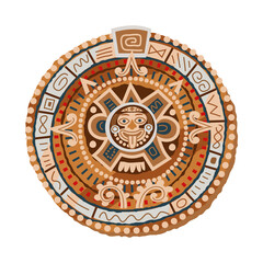 Mayan traditional calendar. Ancient civilisation icon in Mexico vector illustration. Round stone with decorative elements and signs isolated on white background. Ritual and tradition