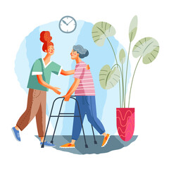 Senior woman walking in medical rehabilitation and physical therapy centre. Lady in recovery doing exercises vector illustration. Young girl therapist helping in rehab healthcare
