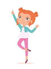 Happy girl standing and showing with finger. Joyful smiling child having idea. Positive emotion and fun vector illustration. Cute cheerful little kid in good mood on white background