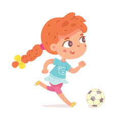 Little girl playing football. Happy little kid playing sport activity vector illustration. Smiling child kicking ball by foot and running, side view isolated on white background