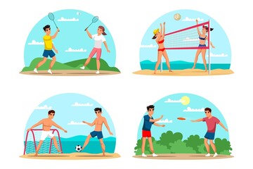 Obraz premium People playing summer sport set. Outdoor leisure games and exercise vector illustration. Men and women play badminton, volleyball, soccer, with flying disc. Active lifestyle on beach