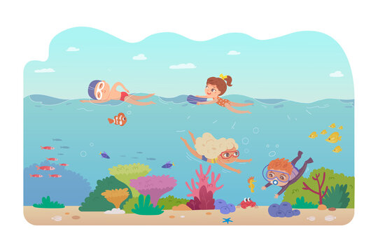 Kids swimming and diving in sea. Children in water and underwater having fun in summer vector illustration. Boys and girls in goggles looking at fish and sea life at bottom