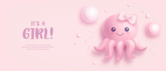 Baby shower invitation with cartoon octopus and helium balloons on pink background. It's a girl. Vector illustration