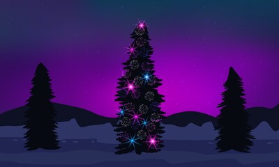 Decorated Christmas tree, beautiful winter sunset with fir trees and distant mountains.