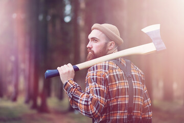 A bearded lumberjack with a large ax