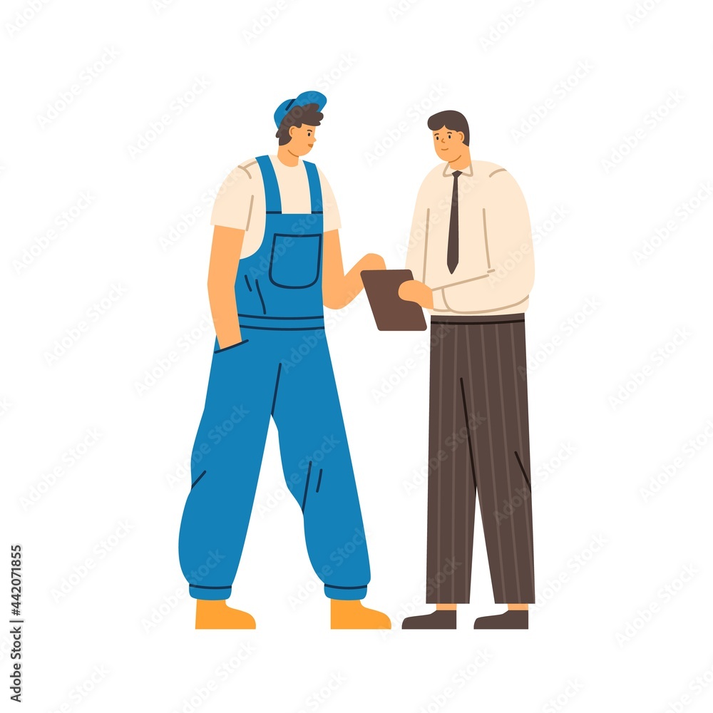 Poster Boss and repairman talking and discussing work. Communication of office worker with clipboard and mechanic in overall. Flat vector illustration of engineer and serviceman isolated on white background