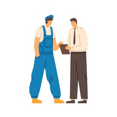 Boss and repairman talking and discussing work. Communication of office worker with clipboard and mechanic in overall. Flat vector illustration of engineer and serviceman isolated on white background