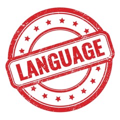LANGUAGE text on red grungy vintage round stamp.