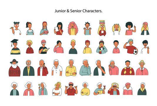 Collection of young children and old people upper body characters.