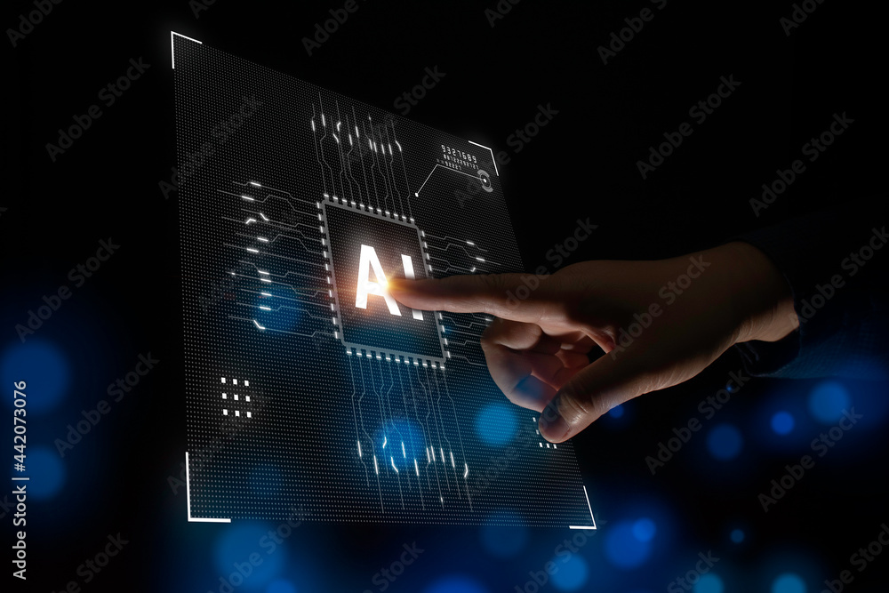 Aufkleber businessman touches artificial intelligence ai concept. futuristic technology digital data analysis.