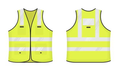 Foto op Canvas Safety reflective vest icon sign flat style design vector illustration set. Yellow fluorescent security safety work jacket with reflective stripes. Front and back view road uniform vest. © Konstantin