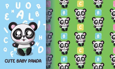 Cute panda and rainbow figure. illustration and pattern set premium vector