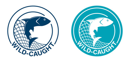 Wild-caught flat badge - salmon in fishing net - obrazy, fototapety, plakaty
