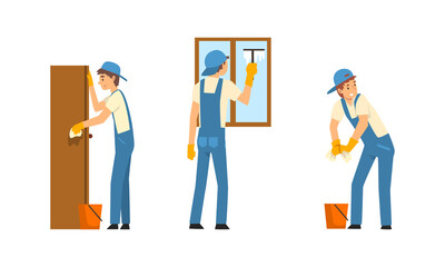 Cleaning Service with Man in Blue Overall and Rubber Gloves Working Dusting Wardrobe and Rubbing Window Vector Set
