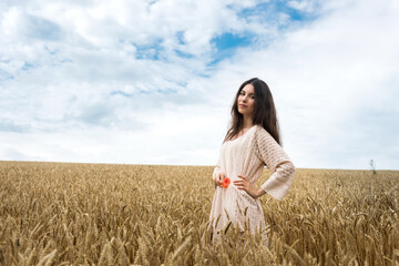 Young beautiful woman in a dress walk on a golden wheat field, summer