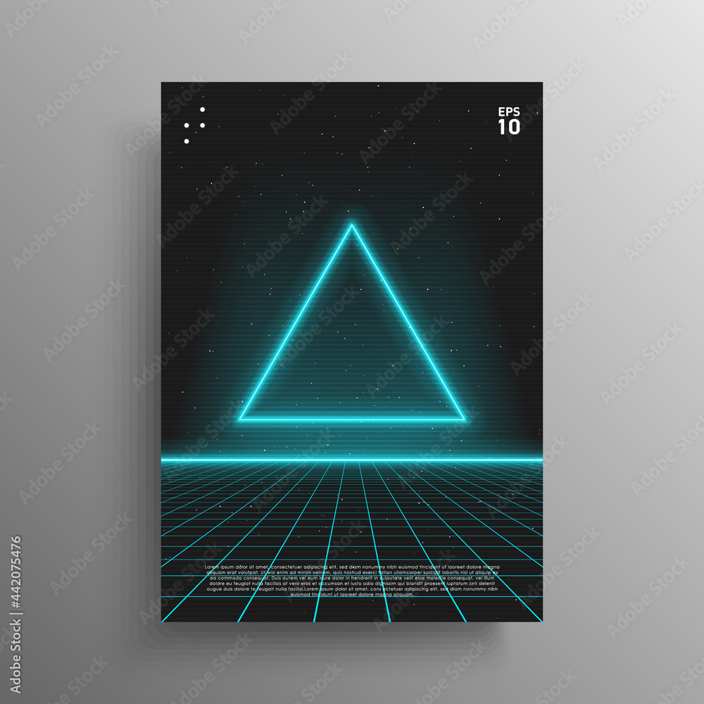 Poster synthwave poster. glowing triangle shape with laser perspective grid in starry space. vivid layout f