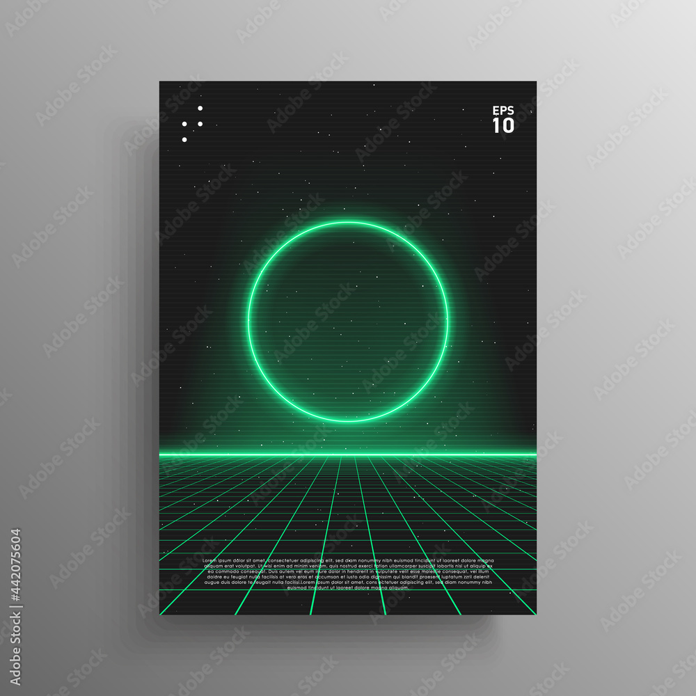 Poster synthwave poster. glowing circle shape with laser perspective grid in starry space. vivid layout for
