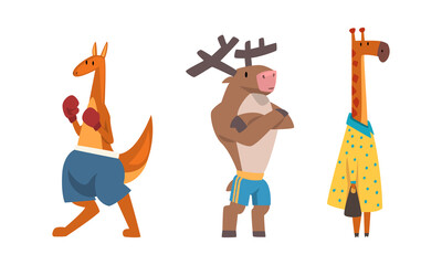 Humanized Animals of Different Professions with Giraffe Teacher and Boxing Kangaroo Vector Set