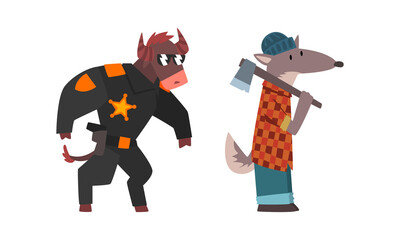 Humanized Animals of Different Professions with Wolf Lumberjack and Bull Sheriff Vector Set