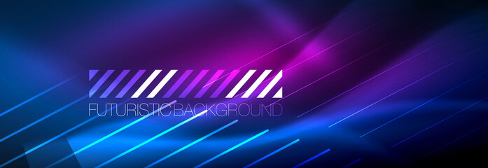 Neon glowing lines, magic energy and light motion background. Vector wallpaper template