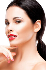 Fototapeta premium Portrait of beautiful woman with red lips make-yp, perfect skin on wite background